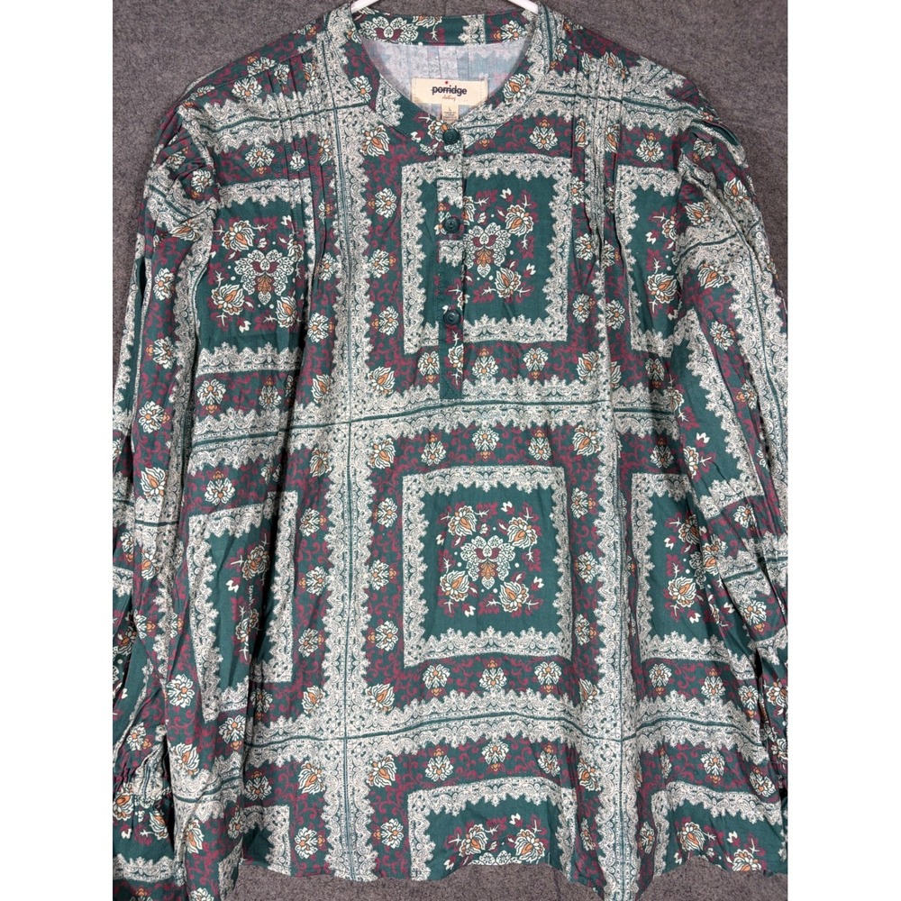 Anthropologie Porridge Teal Tile Print Boho Blouse Ruffle Tie Cuff Large